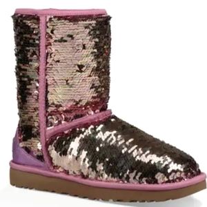 New!! UGG Classic Sequin Pink Gold Reversible Boots (Size 7)